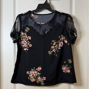 SHEIN Black Blouse with Pink Floral Print and Lace Yoke